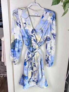 Nicole Miller Blue and White Floral Long-Sleeve Wrap Dress